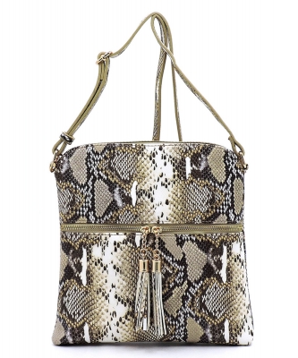 Python Snake Skin Zip Tassel Crossbody Bag SL062 STONE